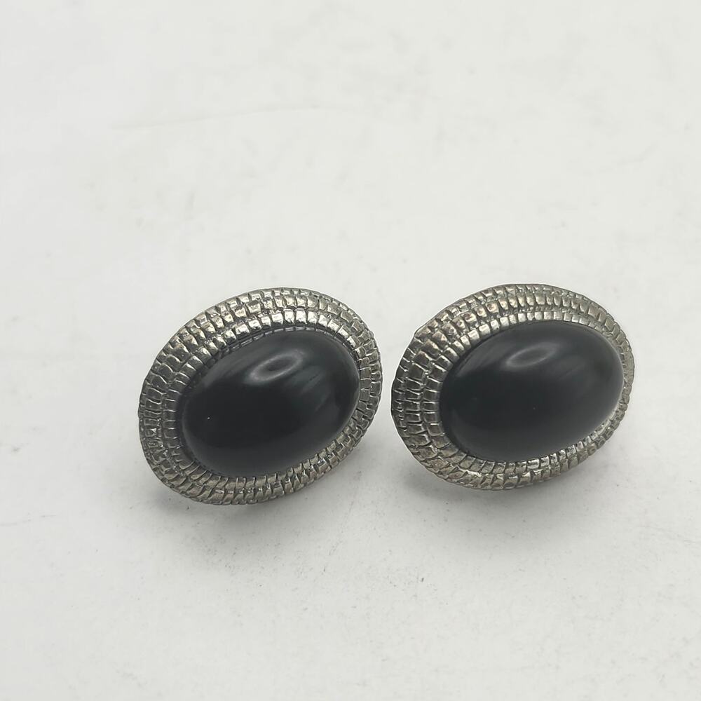 Black Oval Cabochon Silver Tone Textured Border Post Earrings Statement Jewelry